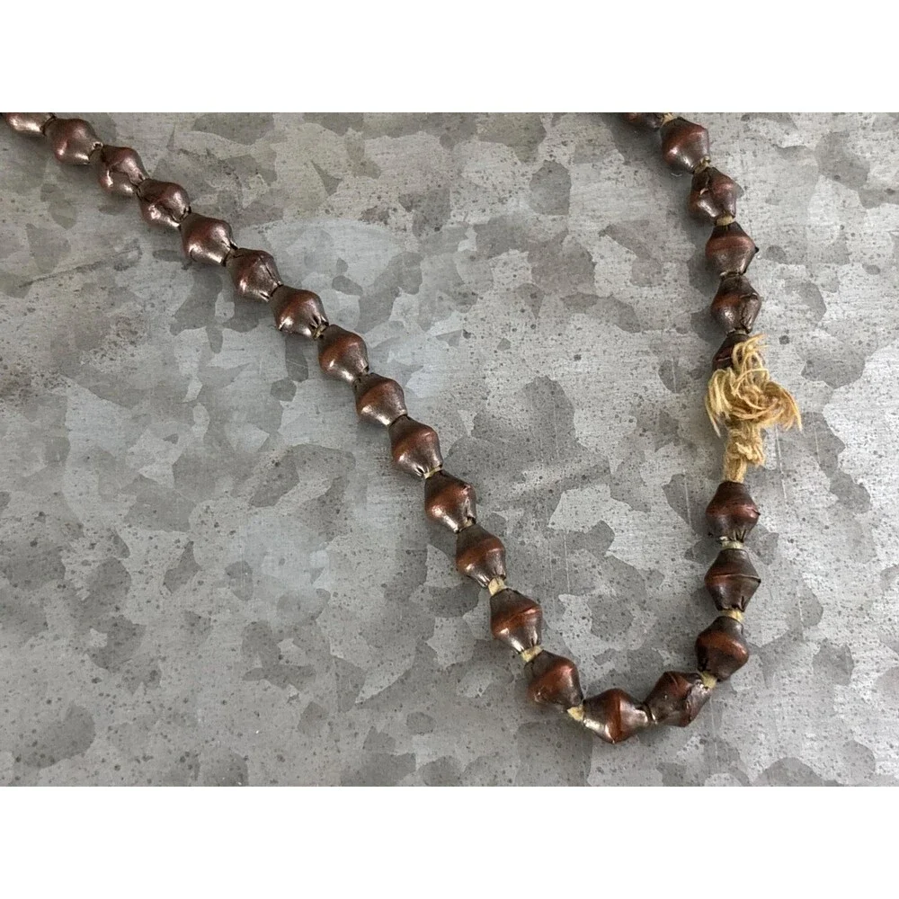 Vintage Hand Strung Metal Beaded Necklace Aged Copper Toned Beads Fiber Cord